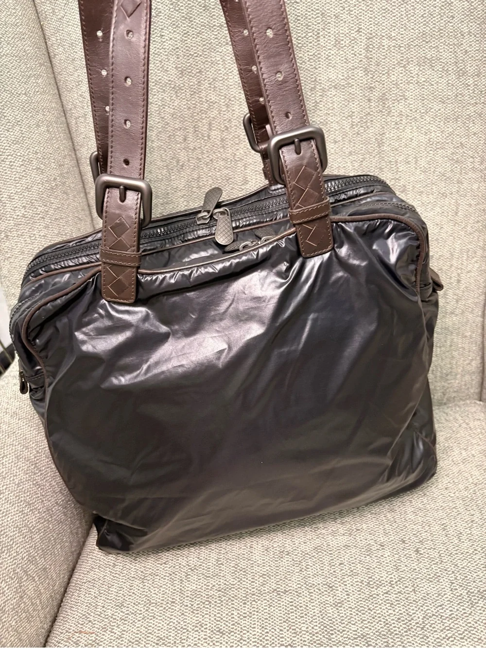 Bottega Veneta Unisex Black Nylon Briefcase Tote with Brown Leather Straps